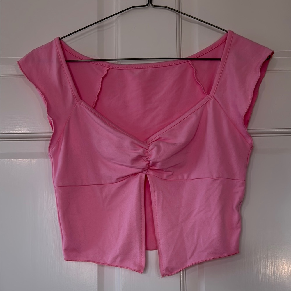 SHEIN Pink Cap Sleeve Tie Front Crop Tank Top